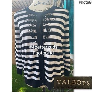 Talbots Bead Embellished B&W Stripe Button Front Cardigan Cotton Sweater LG